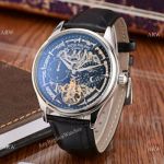 Fake Patek Philippe skeleton Moonphase Watch 42mm SS Black Leather Band